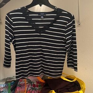 Chaps Women's Long Sleeve Navy and White Striped Top